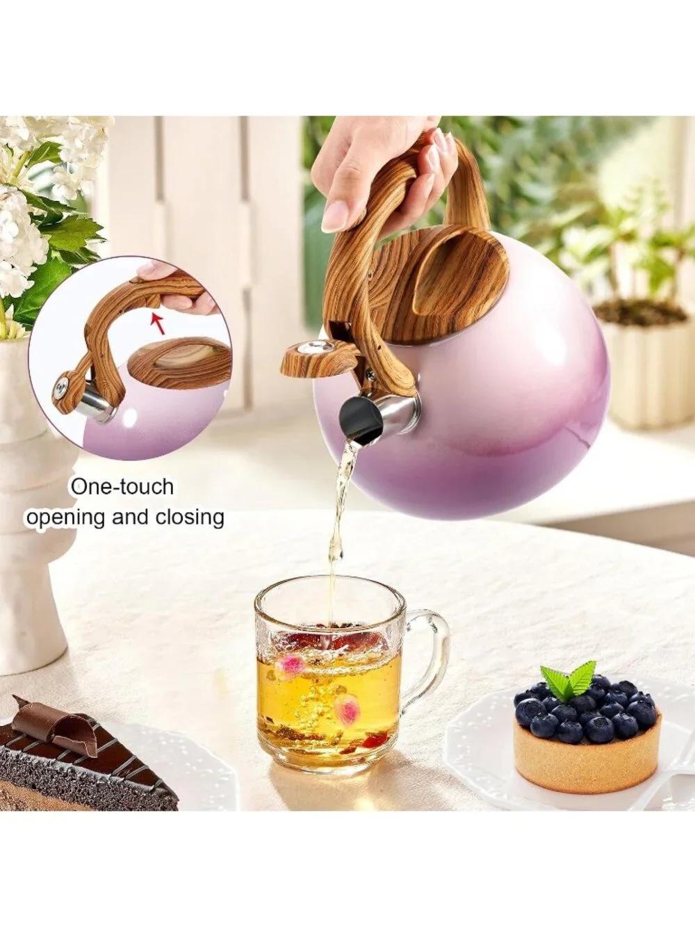 Kitchen Berry Purple Boiling Water Coffee or Milk Wood Pattern Handle Tea Kettle